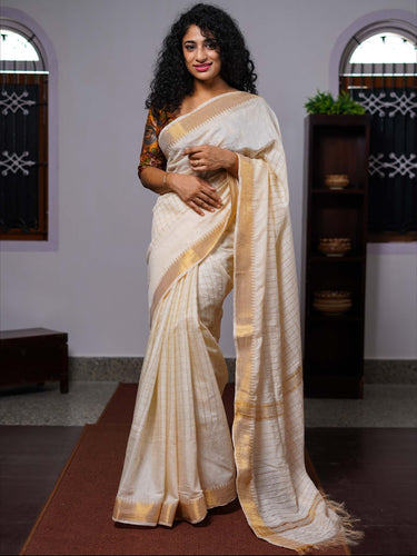 Creamy White Colour Bhagalpuri Linen Saree | MDS254